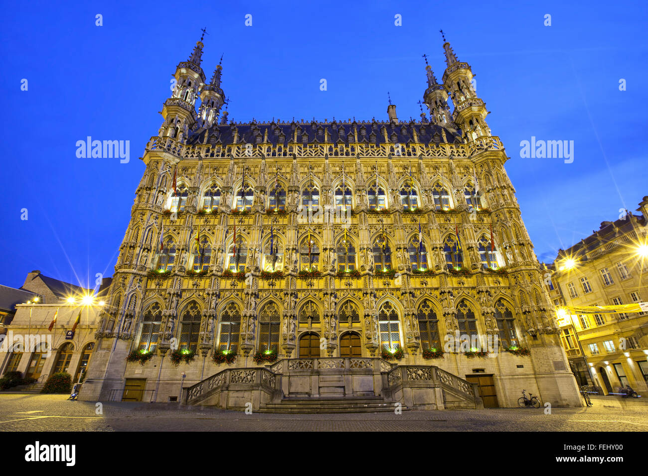 Famous gothic town hall in evening light, Leuven, Belgium Stock Photo
