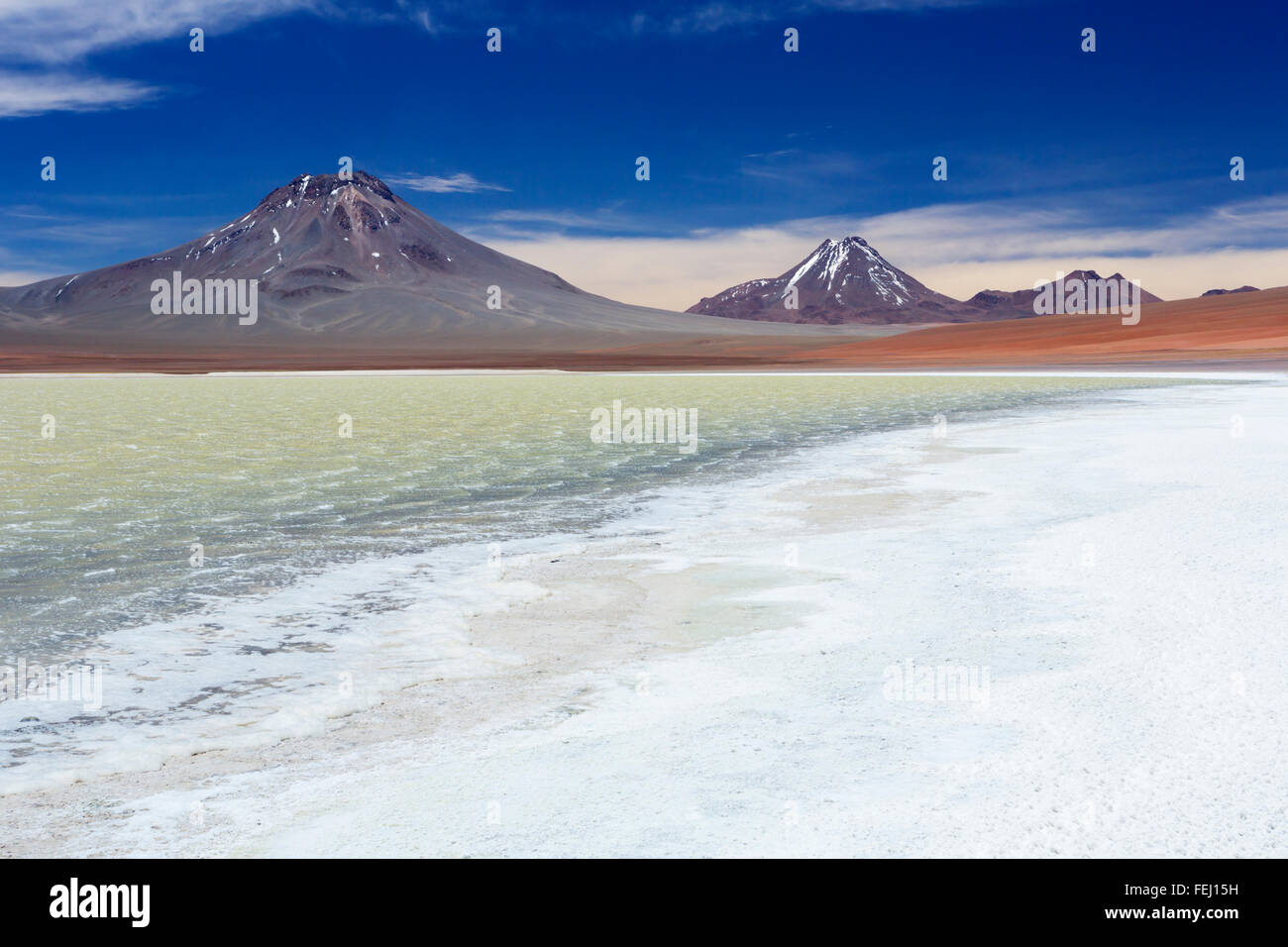 Desert lake Laguna Lejia in the Altiplano of Chile on a bright and sunny day. Stock Photo
