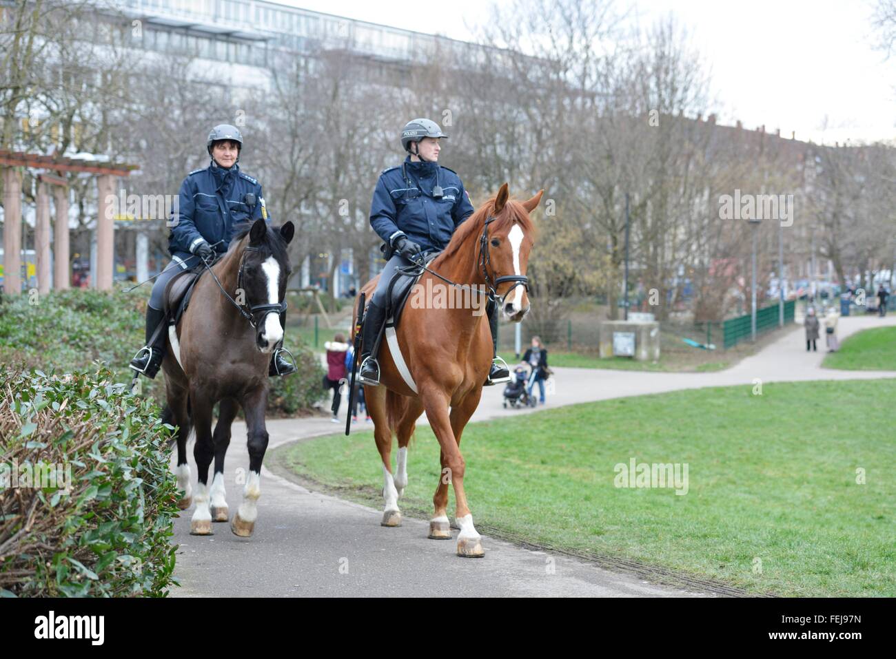 Police-officers on horses in Freiburg, Jan. 27, 2016. Stock Photo