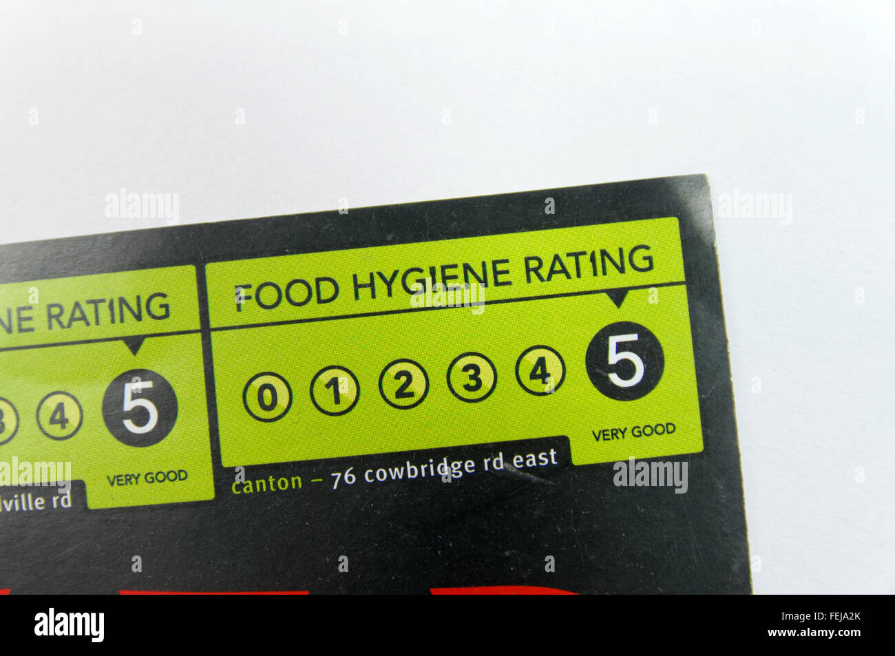 Food hygene rating for restaurants and food outlets. Stock Photo