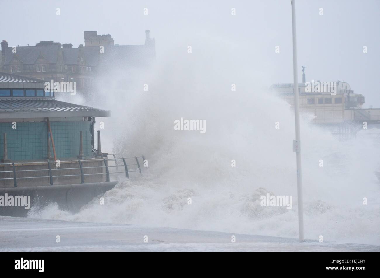 Aberystwyth Ceredigion, west Wales UK. 8th February, 2016. UK Weather: Gale force winds from Storm Imogen, the 9th named storm of the winter, combined with the peak of the tide, create huge waves lashing against the promenade and sea defences at Aberystwyth on the west Wales coast Much of southern England and South Wales is subject to yellow and amber weather warnings, with the risk of damaging gusts of wind and powerful waves along coastal areas. photo Credit:  keith morris/Alamy Live News Stock Photo