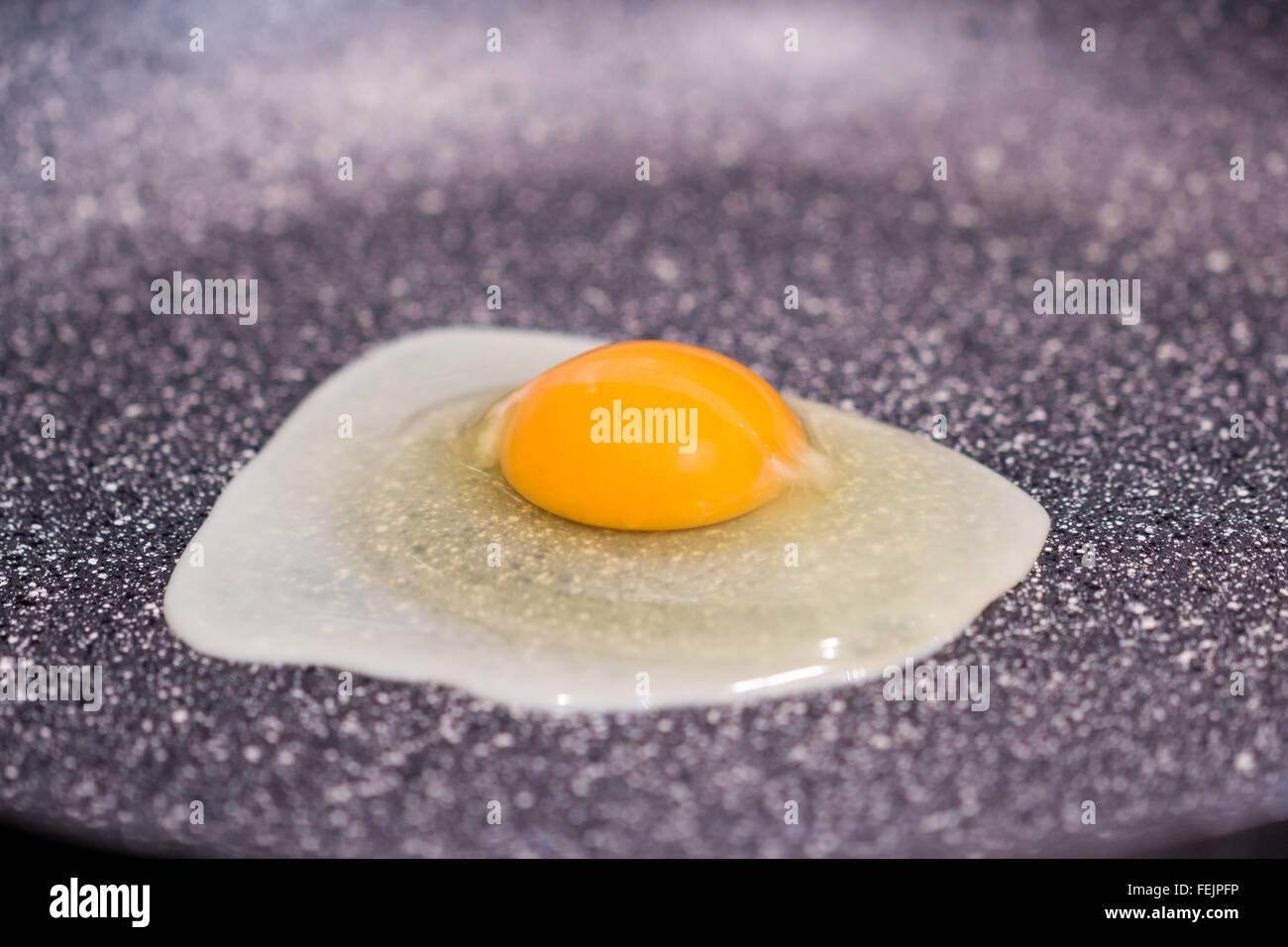 Close up view of the fried egg on a frying pan Stock Photo