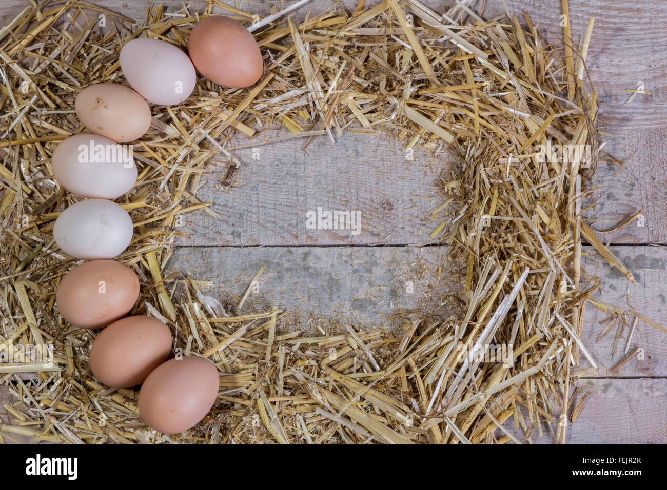 village eggs natural organic on straw frame Stock Photo - Alamy
