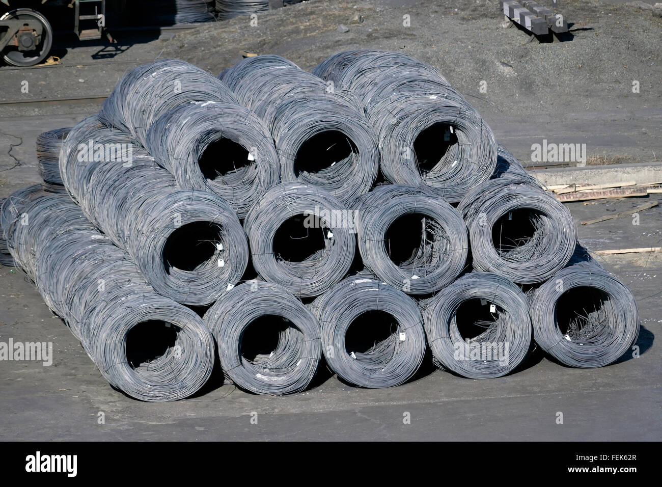 Group of steel coils prepared for shipping in dock area Stock Photo