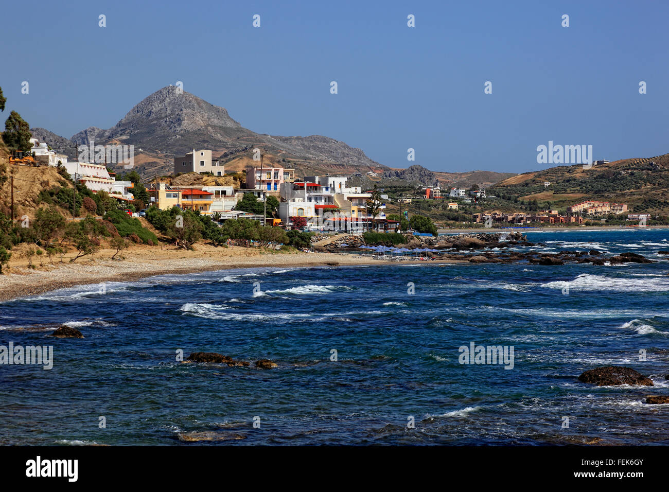 Crete, village Plakias by the Libyan sea and in the background the Kedros mountains Stock Photo