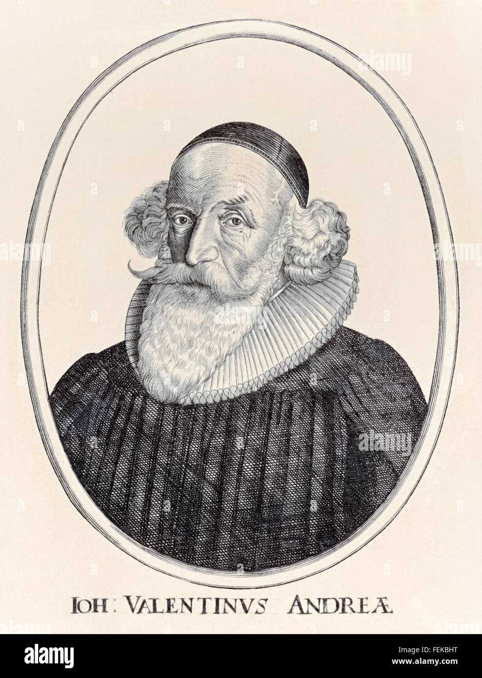 Johannes Valentinus Andreae (1586-1654), German theologian who claimed authorship of  the 'Chymical Wedding of Christian Rosenkreutz' published in 1616; one of the three original manifestos of the mysterious 'Fraternity of the Rose Cross' or  Rosicrucians). See description for more information. Stock Photo