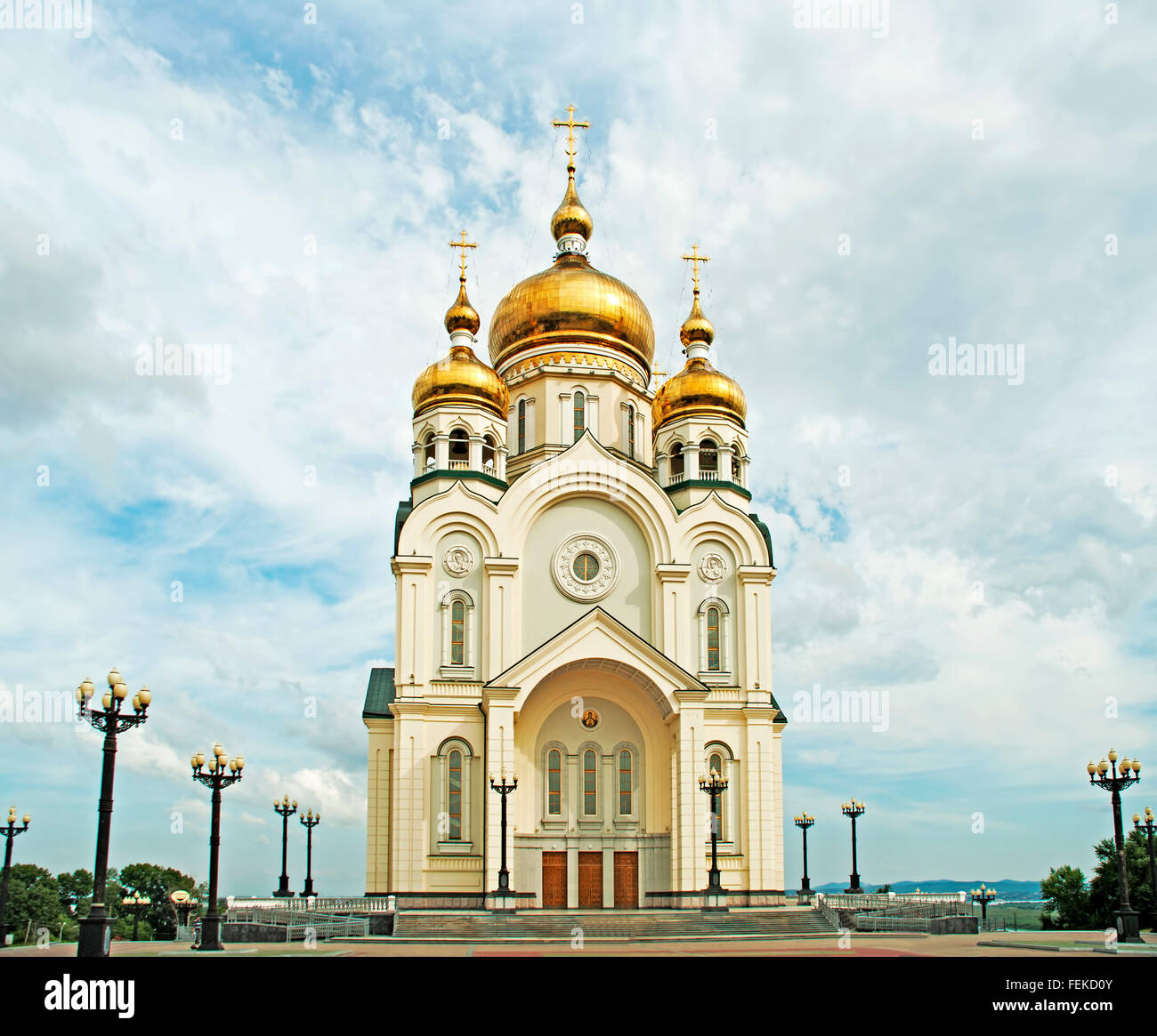 Transfiguration Cathedral on the background of clouds in Khabarovsk, Russia Stock Photo