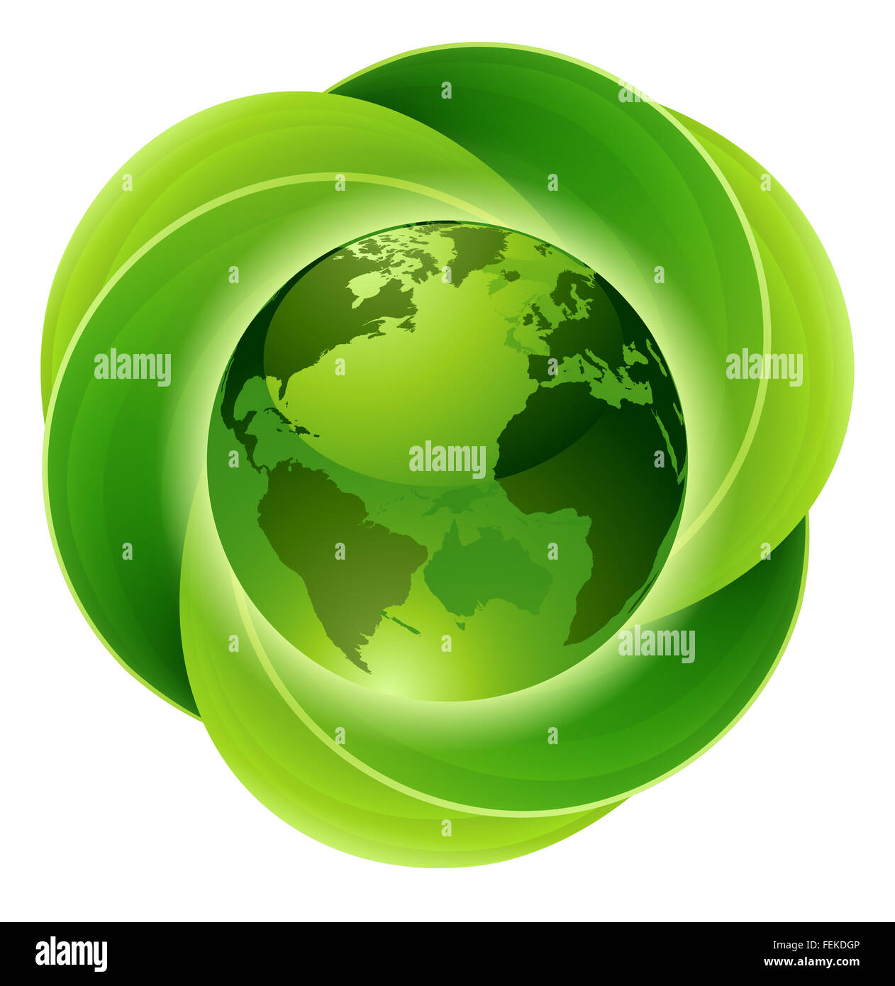 Conceptual icon of circular green intertwined leaves around a globe or planet earth. Stock Photo