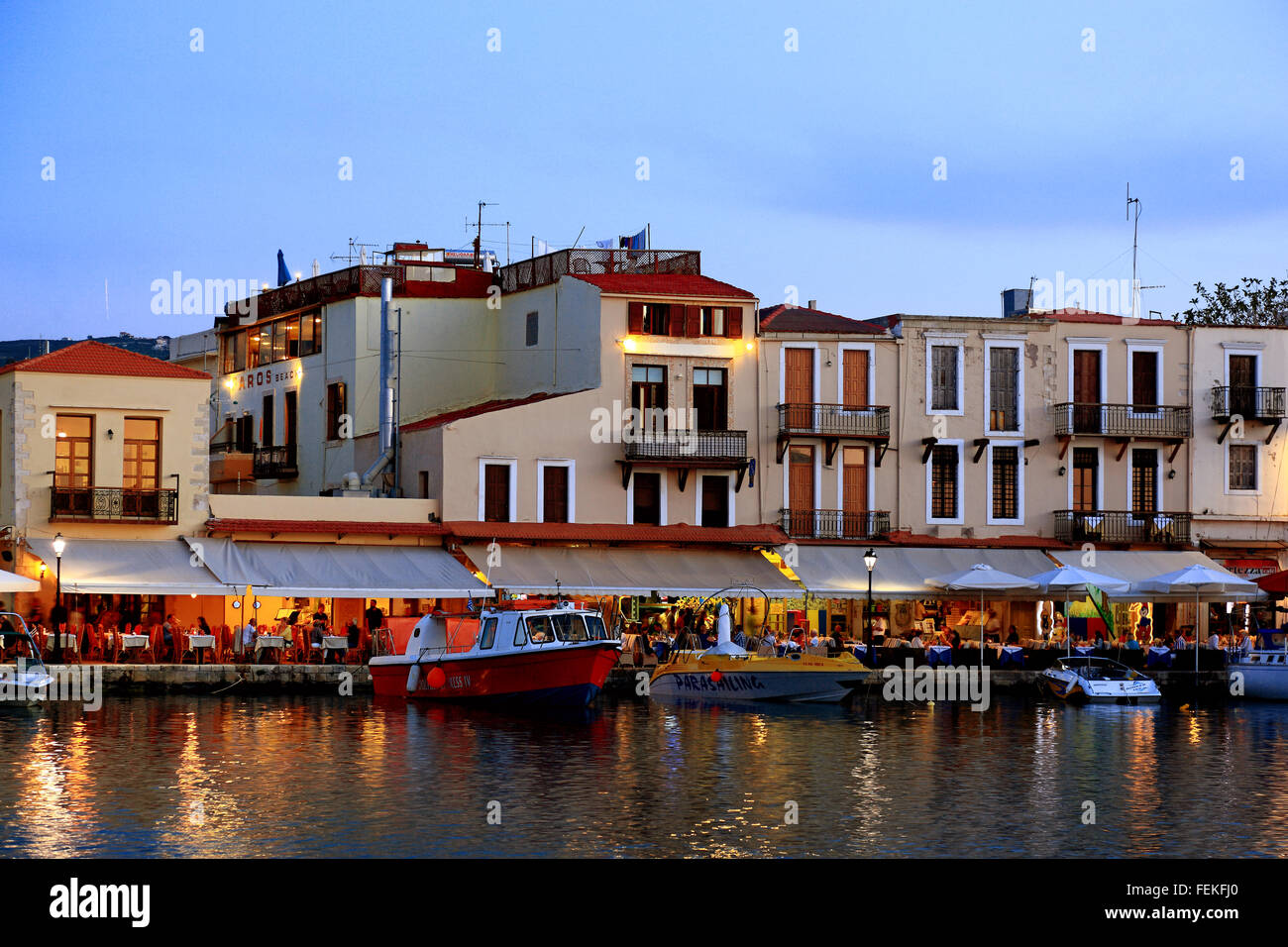 Crete, port Rethymno, evening mood in the Venetian harbour Stock Photo