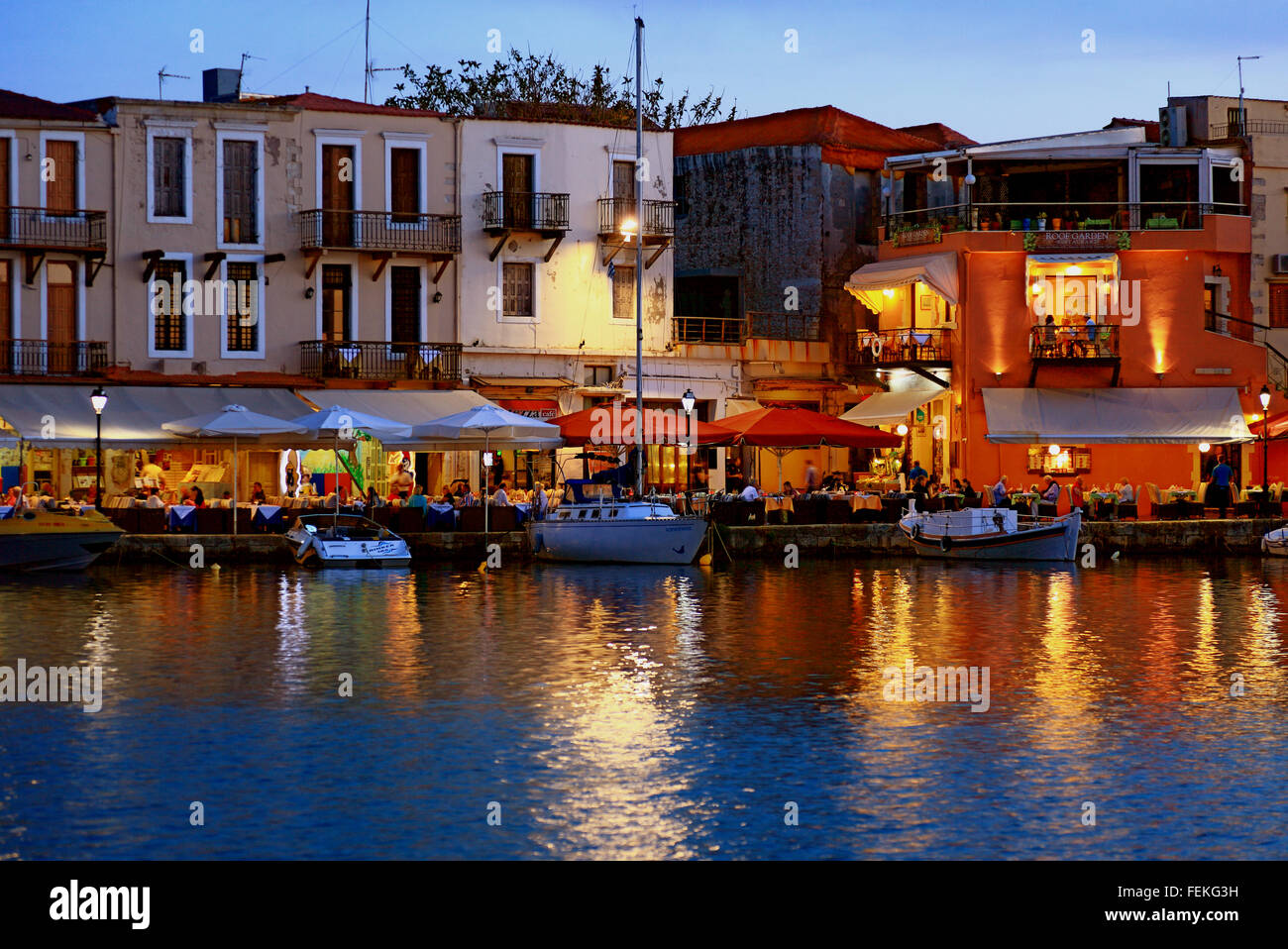 Crete, port Rethymno, evening mood in the Venetian harbour Stock Photo