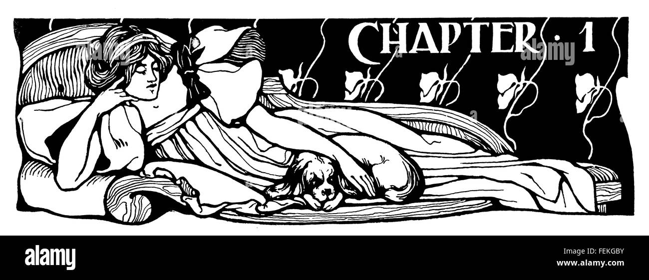 Woman relaxing on chaise longue with dog, Chapter 1 Heading design by Walter Ernest Webster of London, line Illustration 1897 Stock Photo