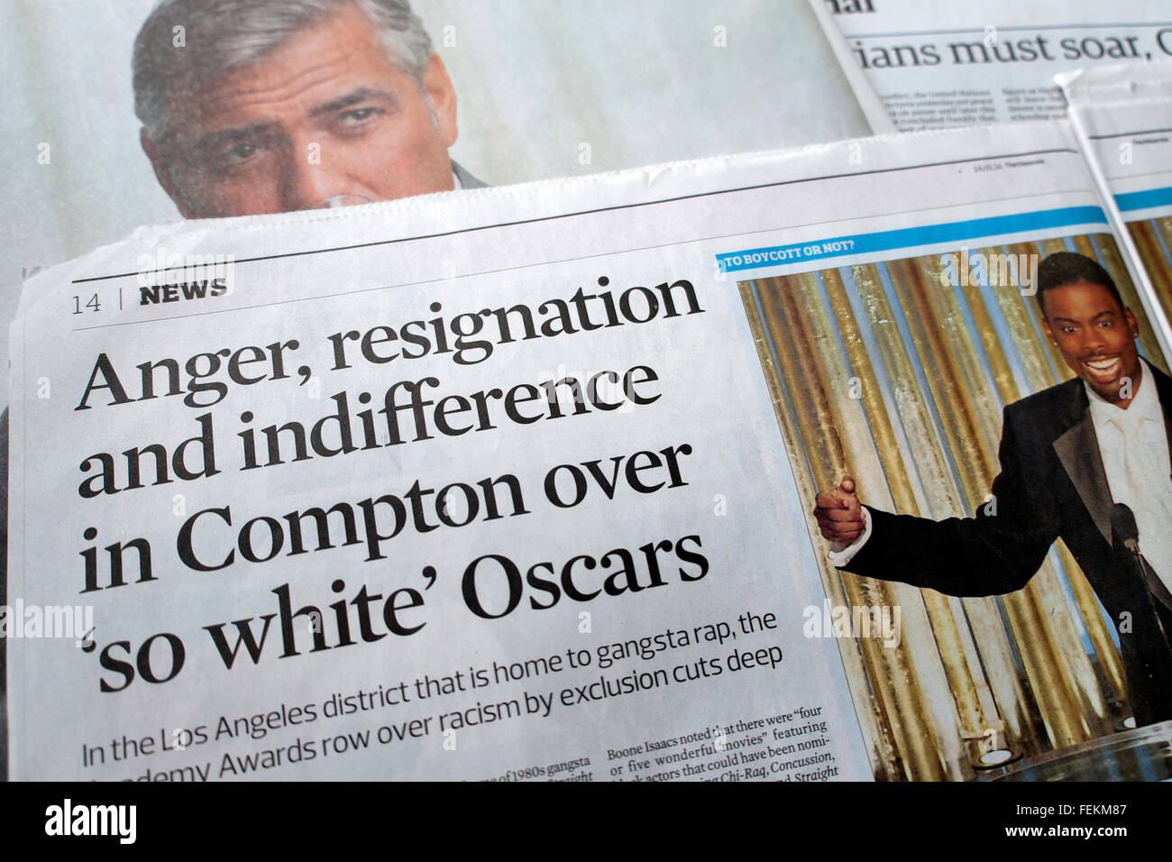"Anger resignation and indifference in Comption over 'so white' Oscars"  Guardian newspaper article January 2016 Stock Photo