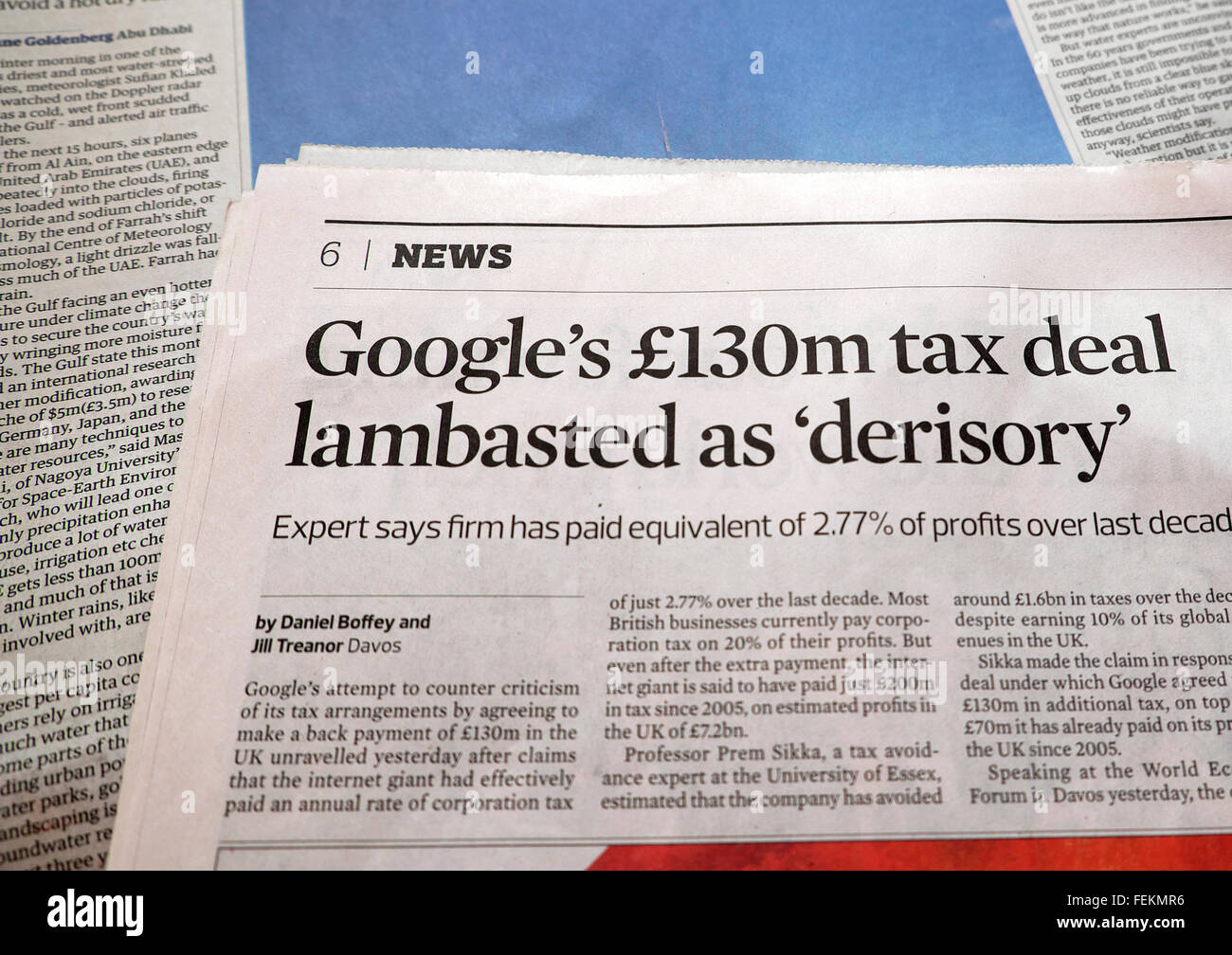 'Google's £130m tax deal lambasted as 'derisory''  Google tax company  avoidance and profits in a Guardian newspaper article London UK 2016 Stock Photo