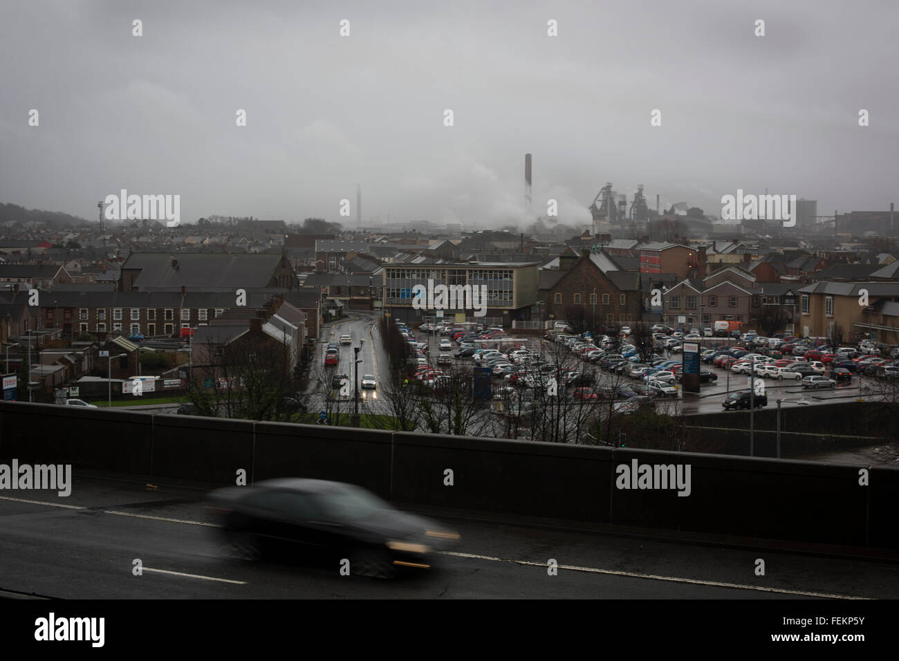 A view over the M4 motorway in the centre of the town of Port Talbot, south Wales with the