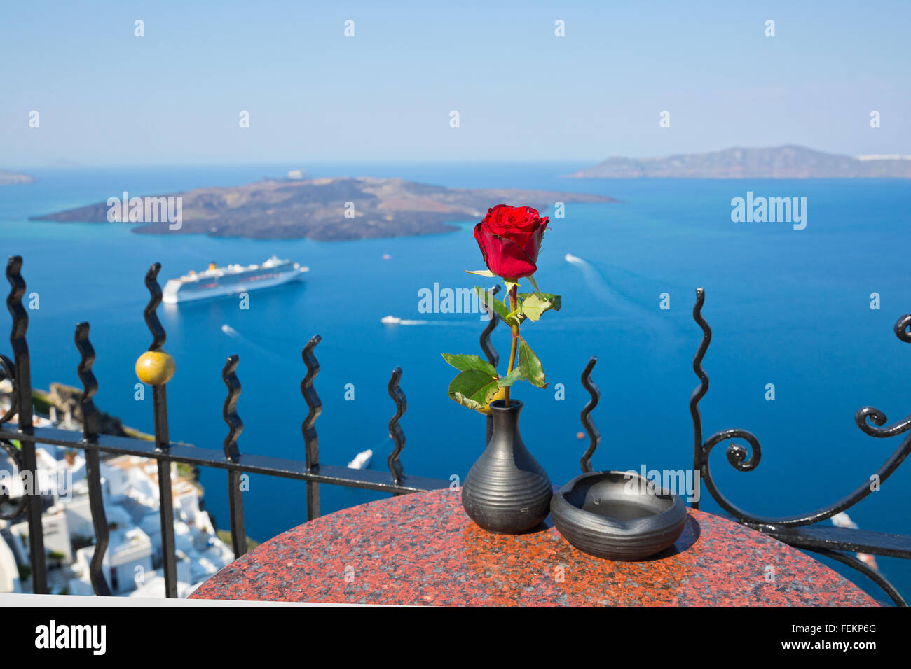 Island Santorini, Greece, view of the Bay and the volcano Stock Photo