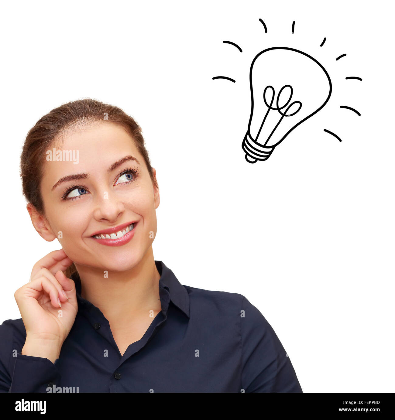 Happy thinking woman looking up with idea bulb above head isolated on white background Stock Photo