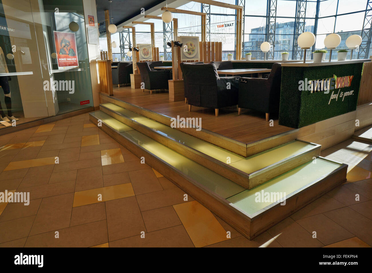 VILNIUS, LITHUANIA - JANUARY 16, 2016: Take Way original  brand cafe and snackbar in the largest city shopping center Panorama. Stock Photo