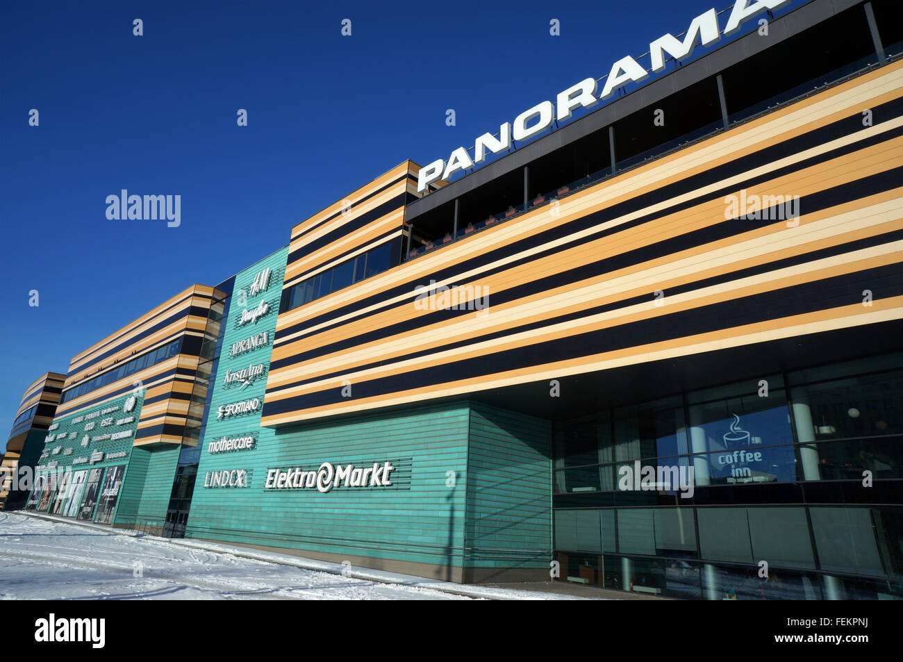 VILNIUS, LITHUANIA - JANUARY 16, 2016: Big wall perspective of the frozen  shopping center Panorama. The area of the center is m Stock Photo