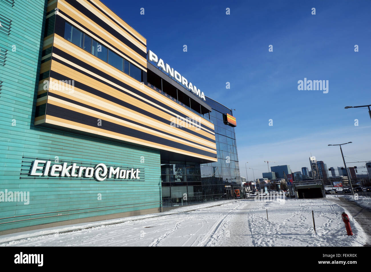 VILNIUS, LITHUANIA - JANUARY 16, 2016: Wall perspective Panorama center with advertizing of biggest shop of electronics in Lithu Stock Photo