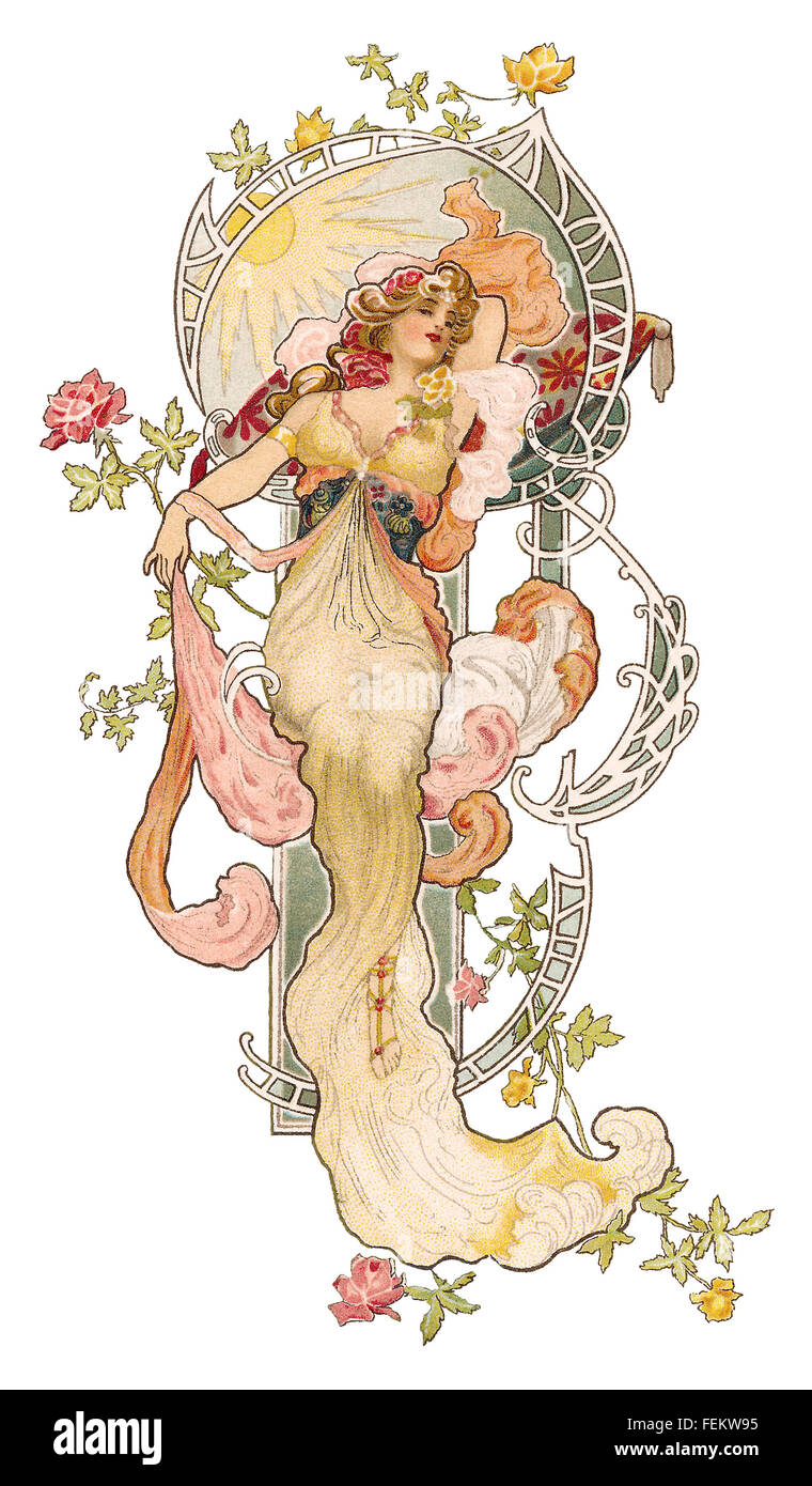 An art nouveau illustration by Eva Daniell of a beautiful woman surrounded by flowers and ornamental shapes. Stock Photo