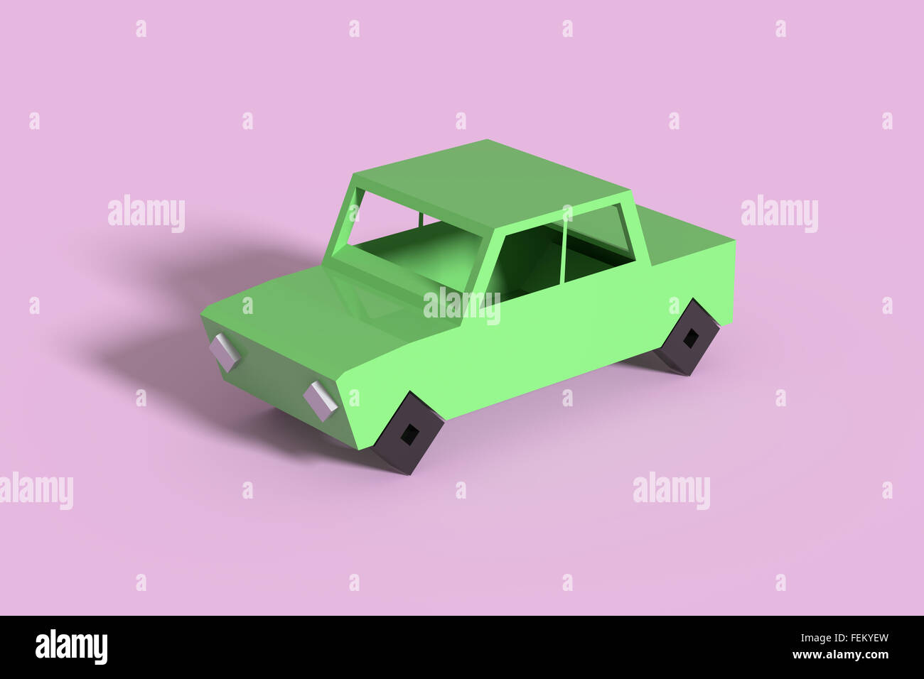 3d rendering in low poly of green car casting shadow on violet background. Stock Photo