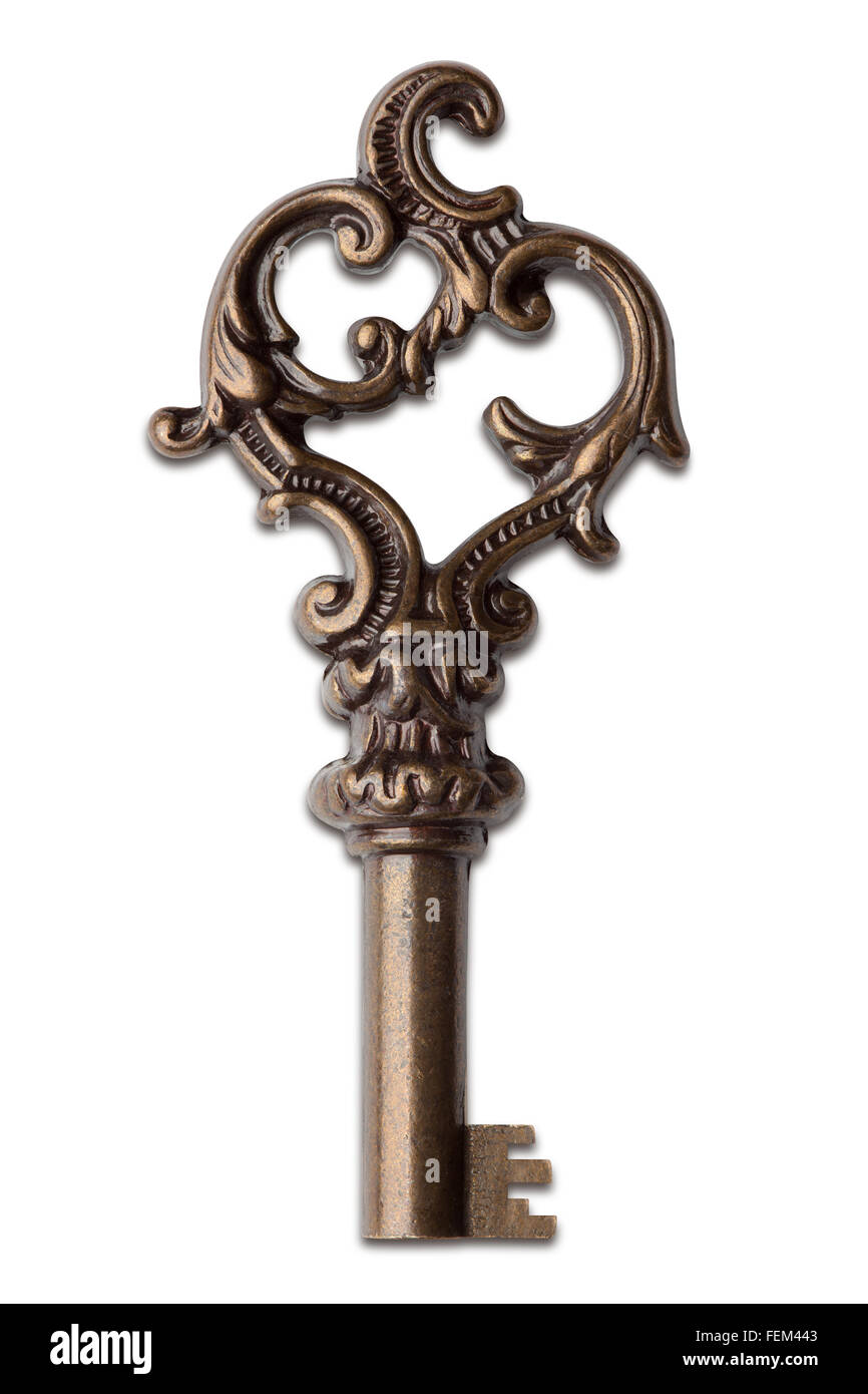 Vintage key with ornaments, isolated on the white background, clipping path included. Stock Photo