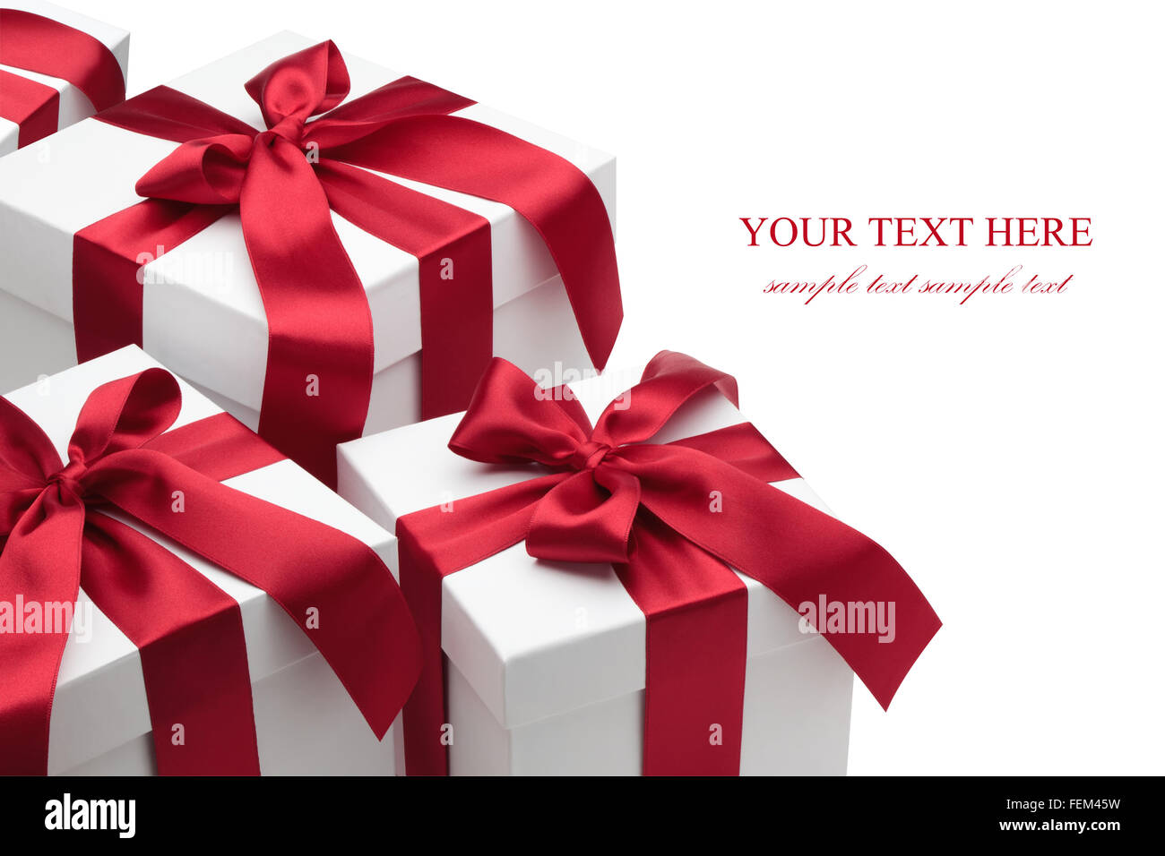Gift boxes with red ribbons and bows isolated on the white background ...
