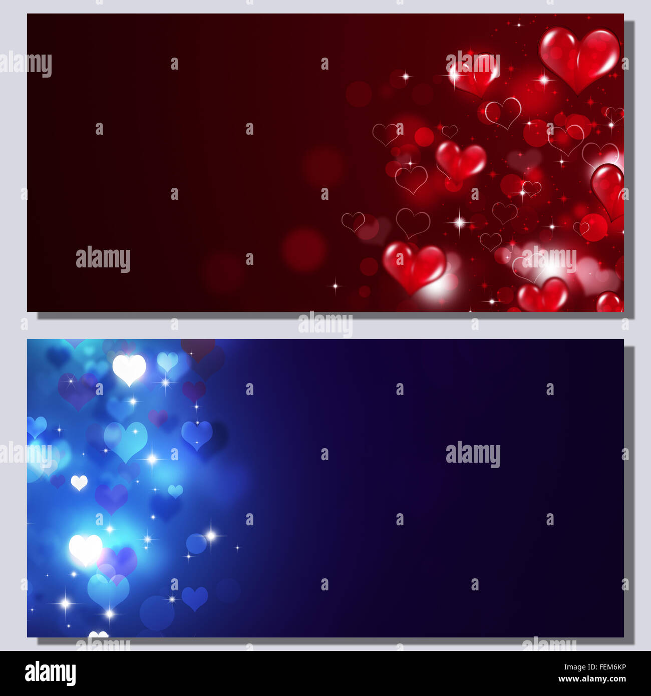 valentine holiday celebration banners with hearts and bokeh lights Stock Photo