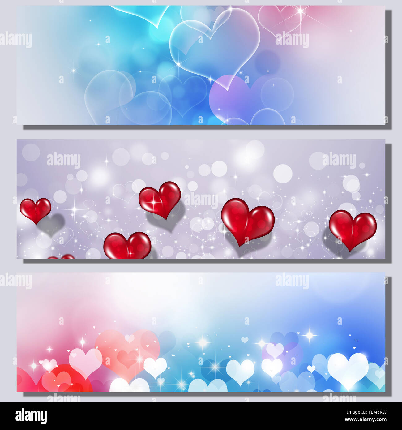 valentine holiday multicolor banners with hearts and bokeh lights Stock Photo
