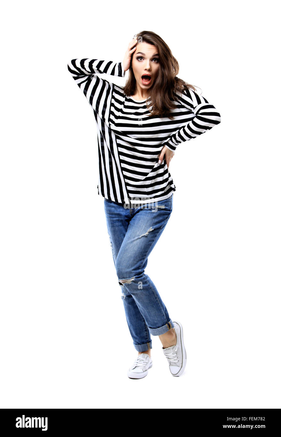 Full body portrait of surprising woman. Stock Photo