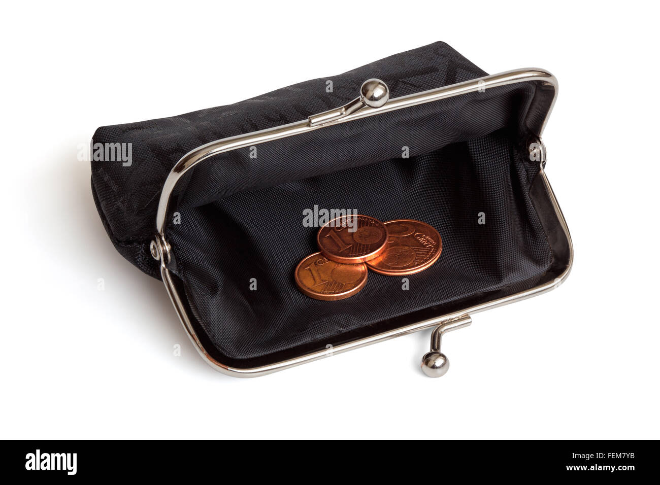 Black purse and several euro cent coins, isolated on the white background, clipping path included. Stock Photo