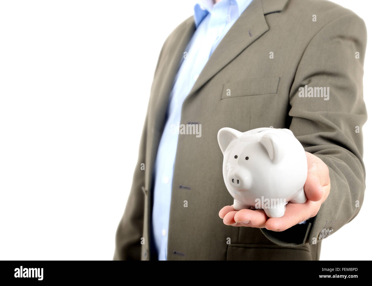man in suit holding piggy bank isolated on white Stock Photo - Alamy
