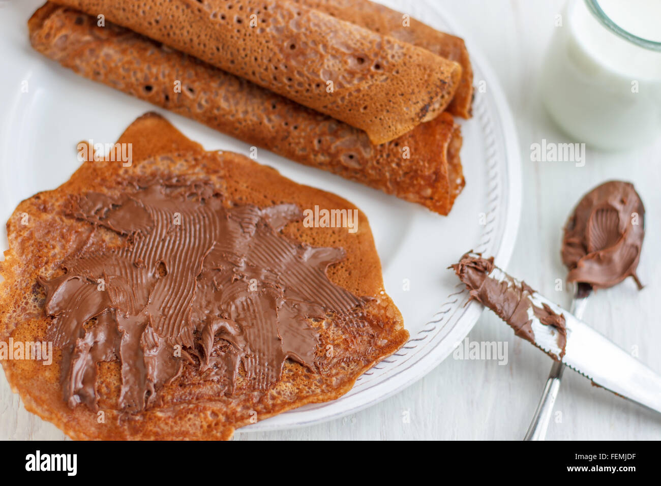 Pancakes with Chocolate Spread Stock Photo Alamy