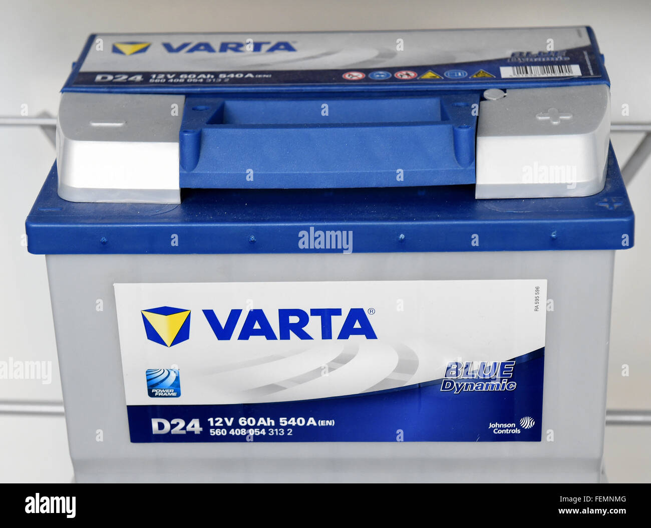 Hanover, Germany. 08th Feb, 2016. A new car battery model seen at the new  production facility of battery manufacturer Johnson Controls in Hanover,  Germany, 08 February 2016. Photo: Holger Hollemann/dpa/Alamy Live News