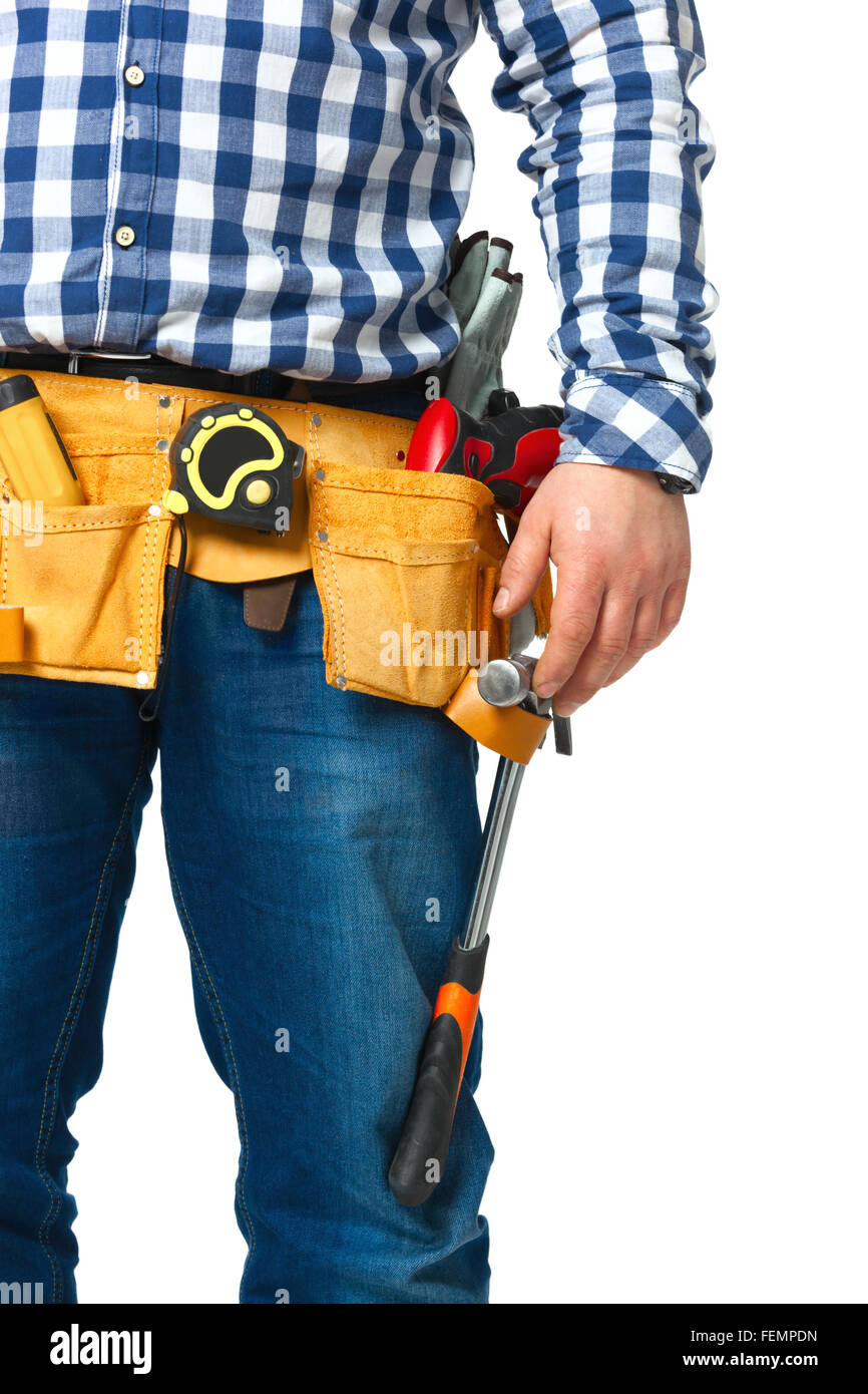 Construction builder tools and belt midsection isolated on white background. Stock Photo