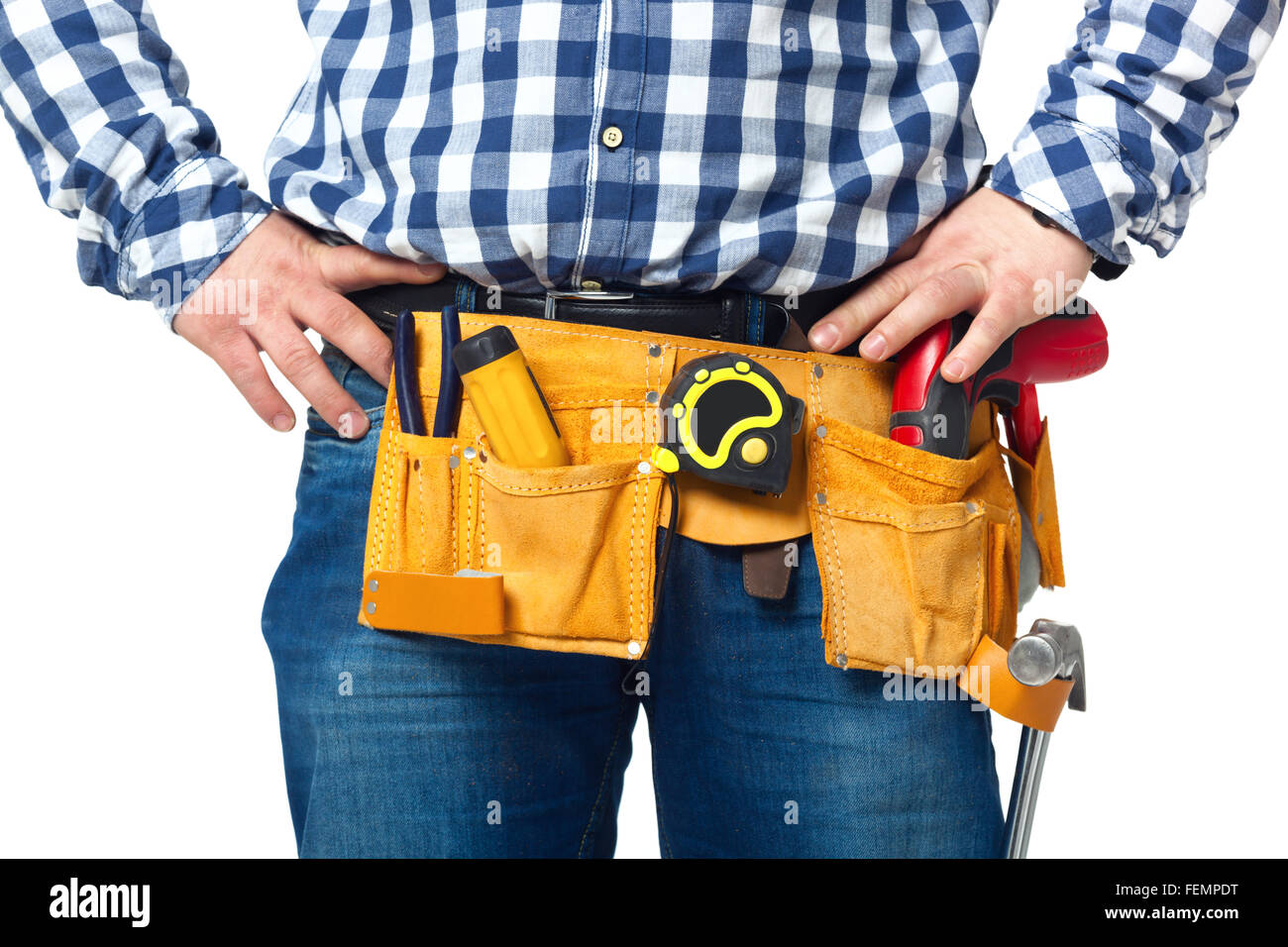 Construction builder tools and belt midsection isolated on white background. Stock Photo