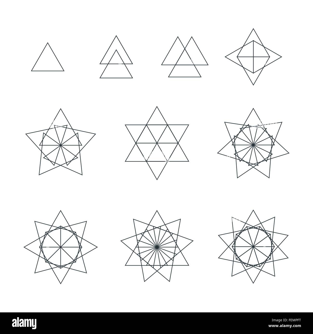 vector trigon black outline monochrome variations delta sacred geometry decoration elements collection isolated white background Stock Vector