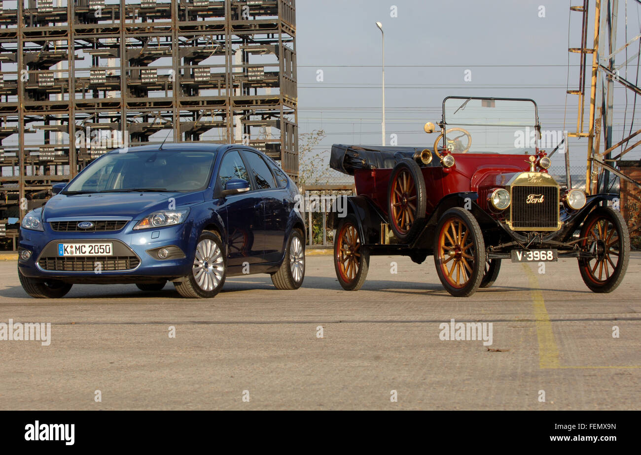 Model T Ford and 2007 Ford Focus, original and current cars from Frod Stock Photo