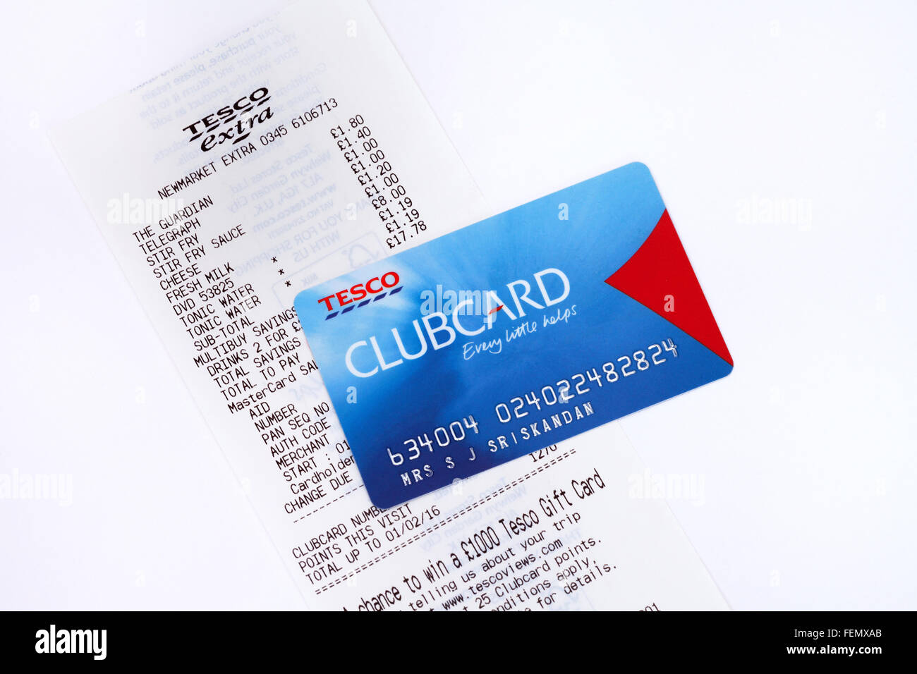 Tesco clubcard loyalty card, and Tesco shopping bill, UK Stock Photo