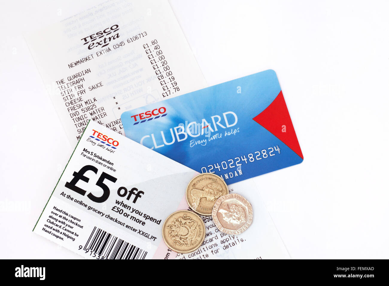 Tesco supermarket bill, Tesco clubcard, tesco voucher and money off savings, UK Stock Photo Alamy