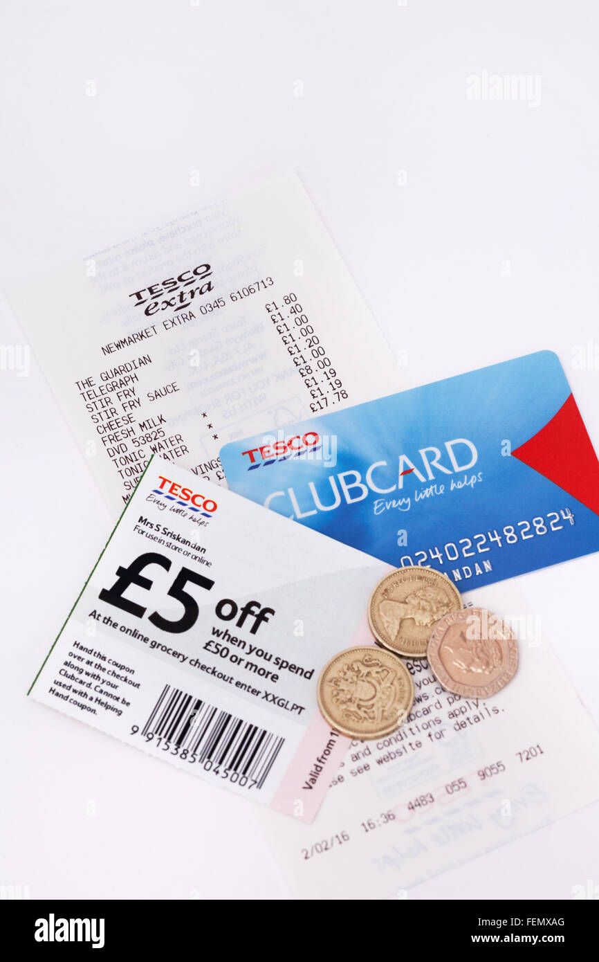 Tesco supermarket shopping bill, clubcard, vouchers and saved money, UK Stock Photo