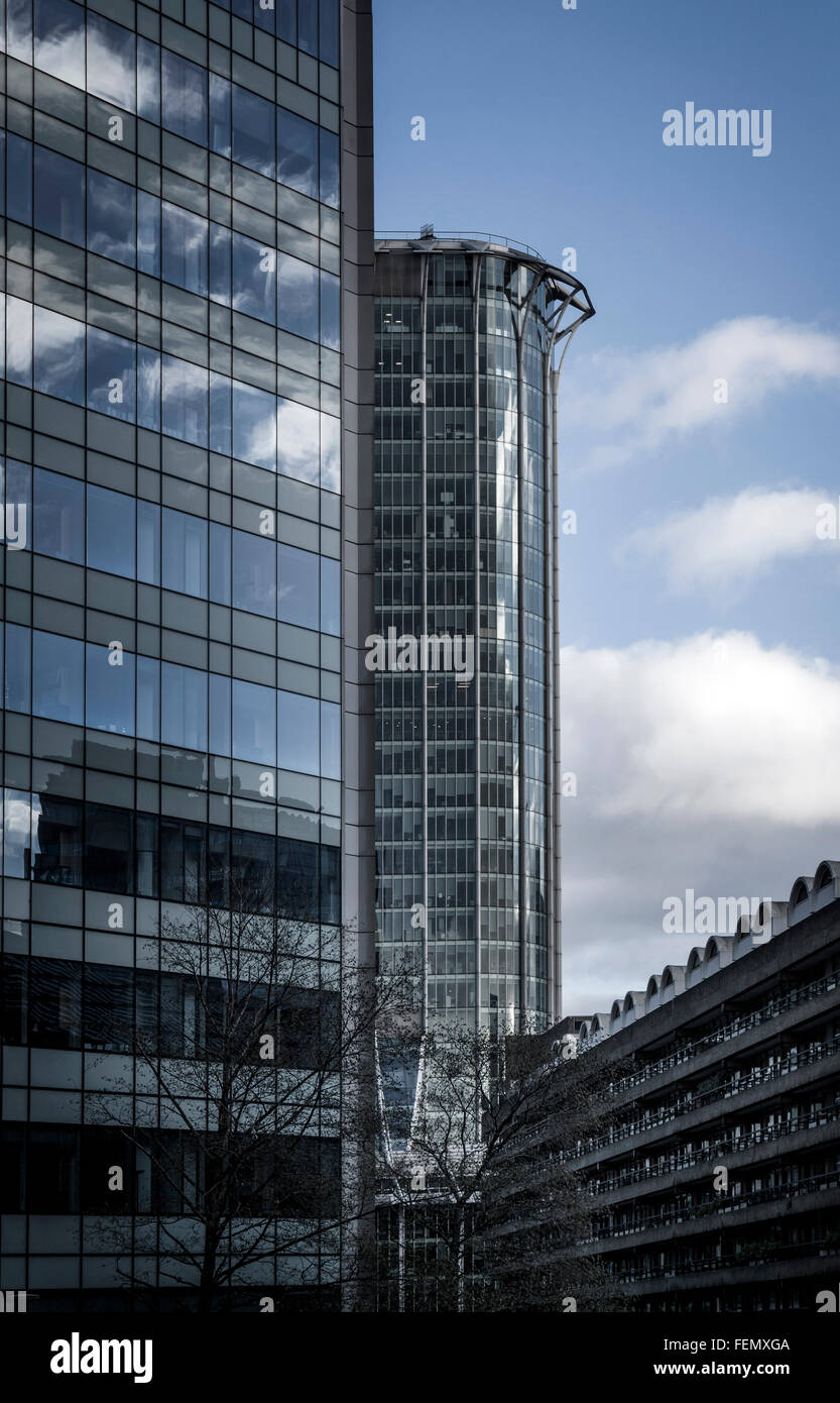 Modern office blocks adjacent to The Barbican Estate in the City of London, UK Stock Photo