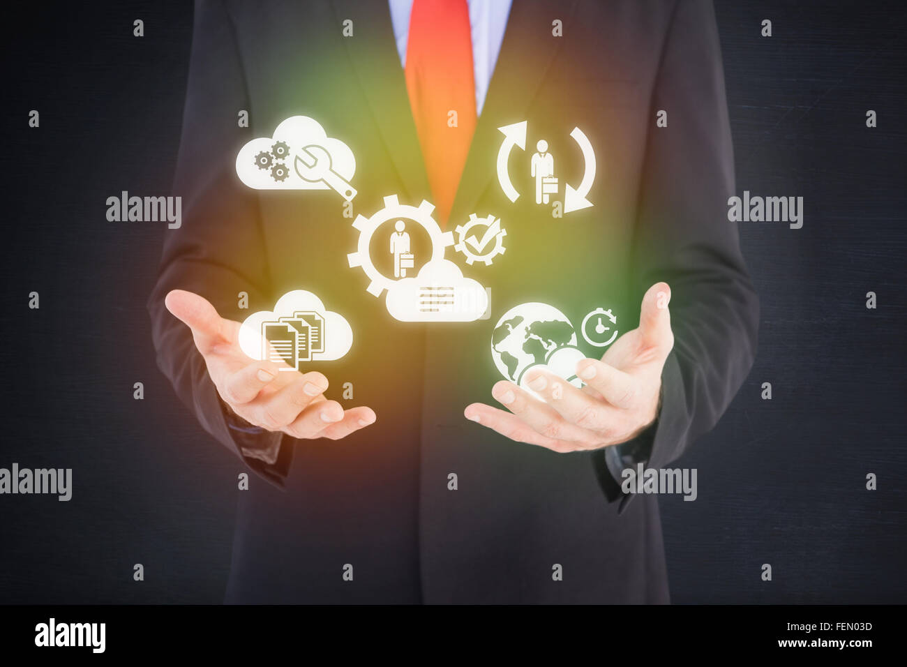 Composite image of businessman presenting with his hands Stock Photo