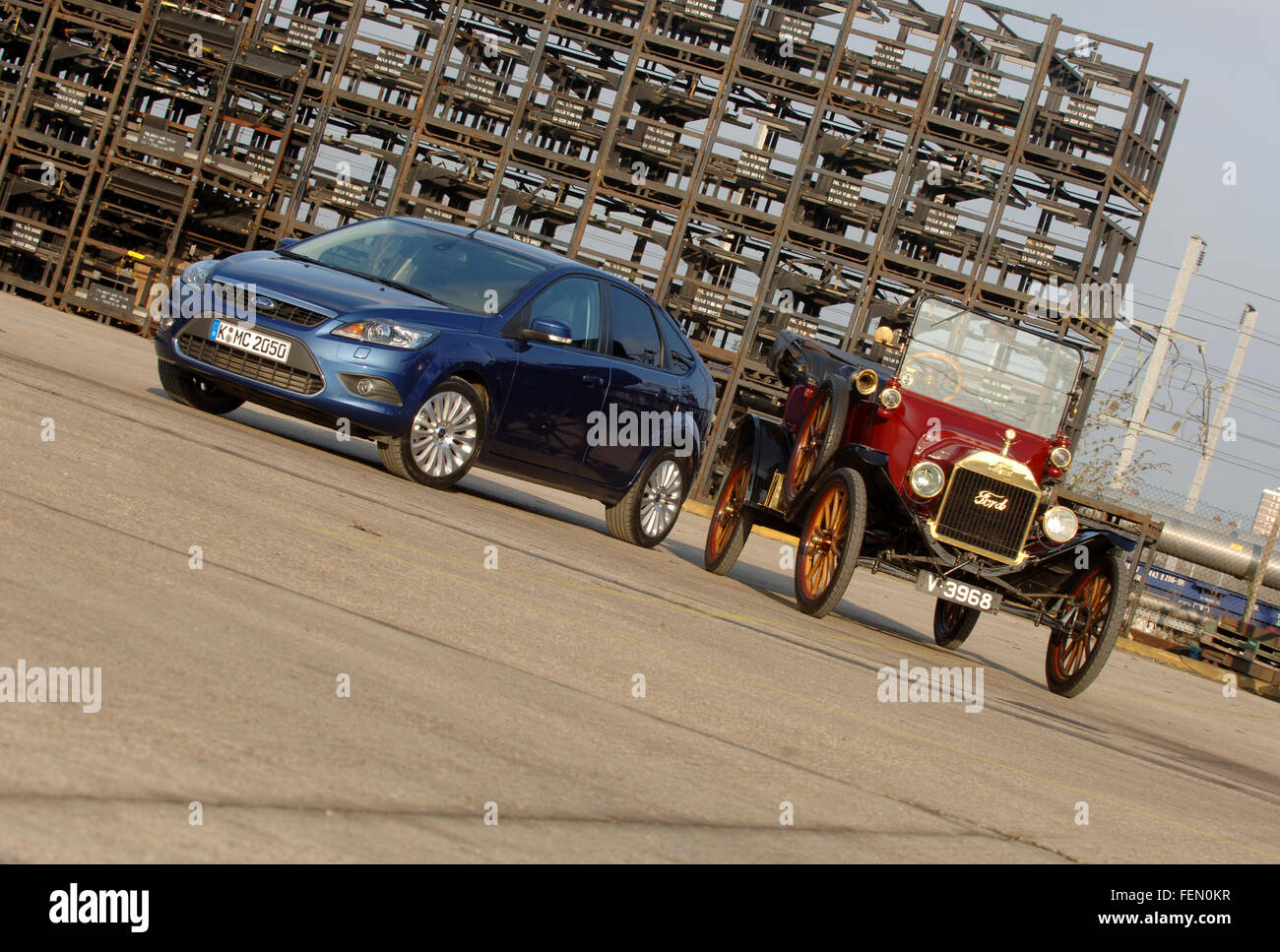 Model T Ford and 2007 Ford Focus, original and current cars from Frod Stock Photo