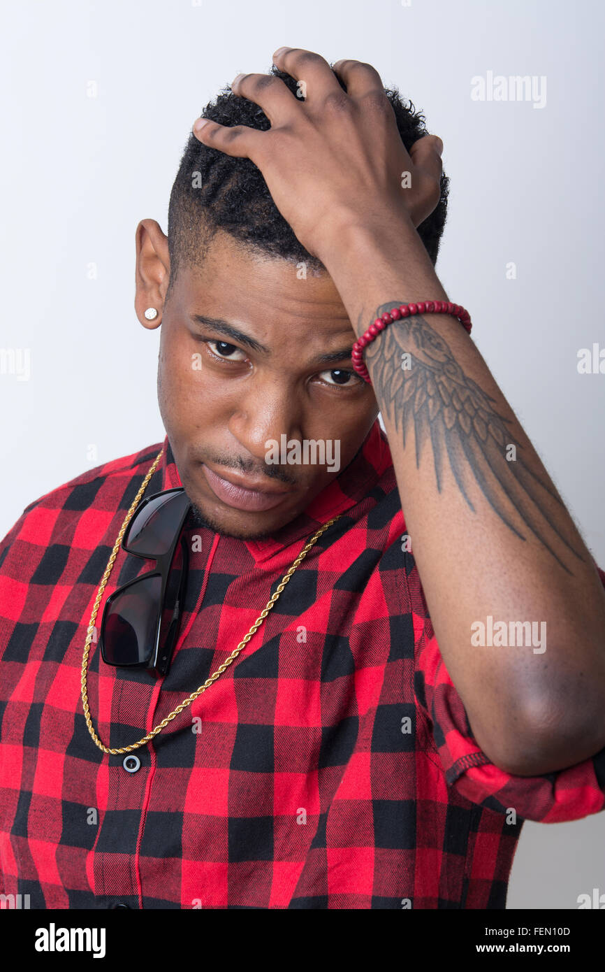 Portrait of hip hop African American dancer isolated background Stock