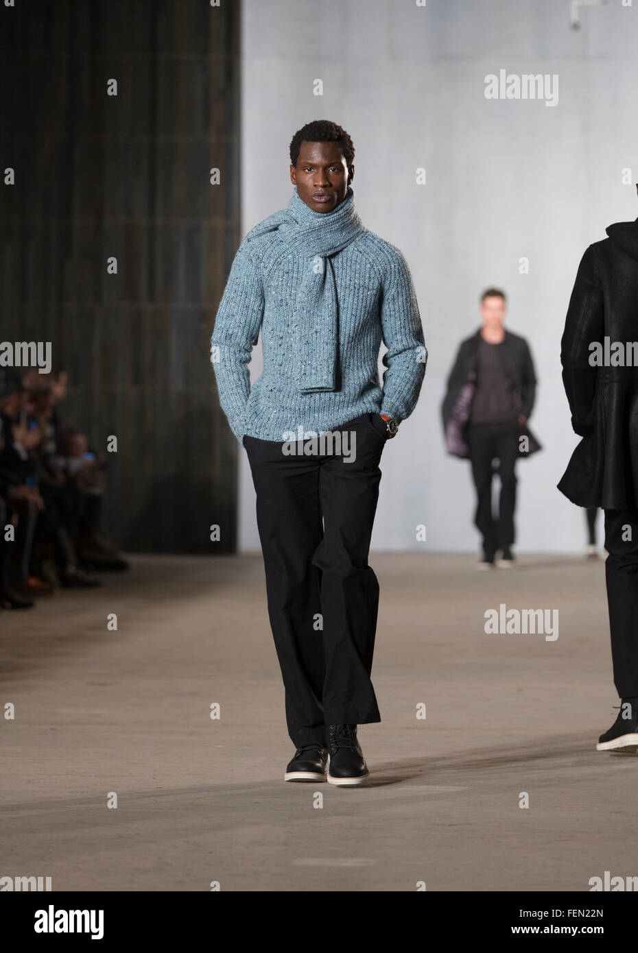New York, NY USA - February 4, 2016: Model walks runway for Timex x Todd Snyder by Todd Snyder during Fall 2016 New York Fashion week at Clarkson Square Stock Photo