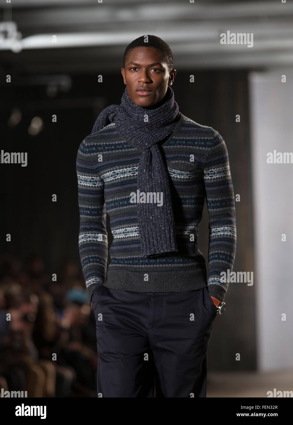 New York, NY USA - February 4, 2016: Model walks runway for Timex x Todd Snyder by Todd Snyder during Fall 2016 New York Fashion week at Clarkson Square Stock Photo