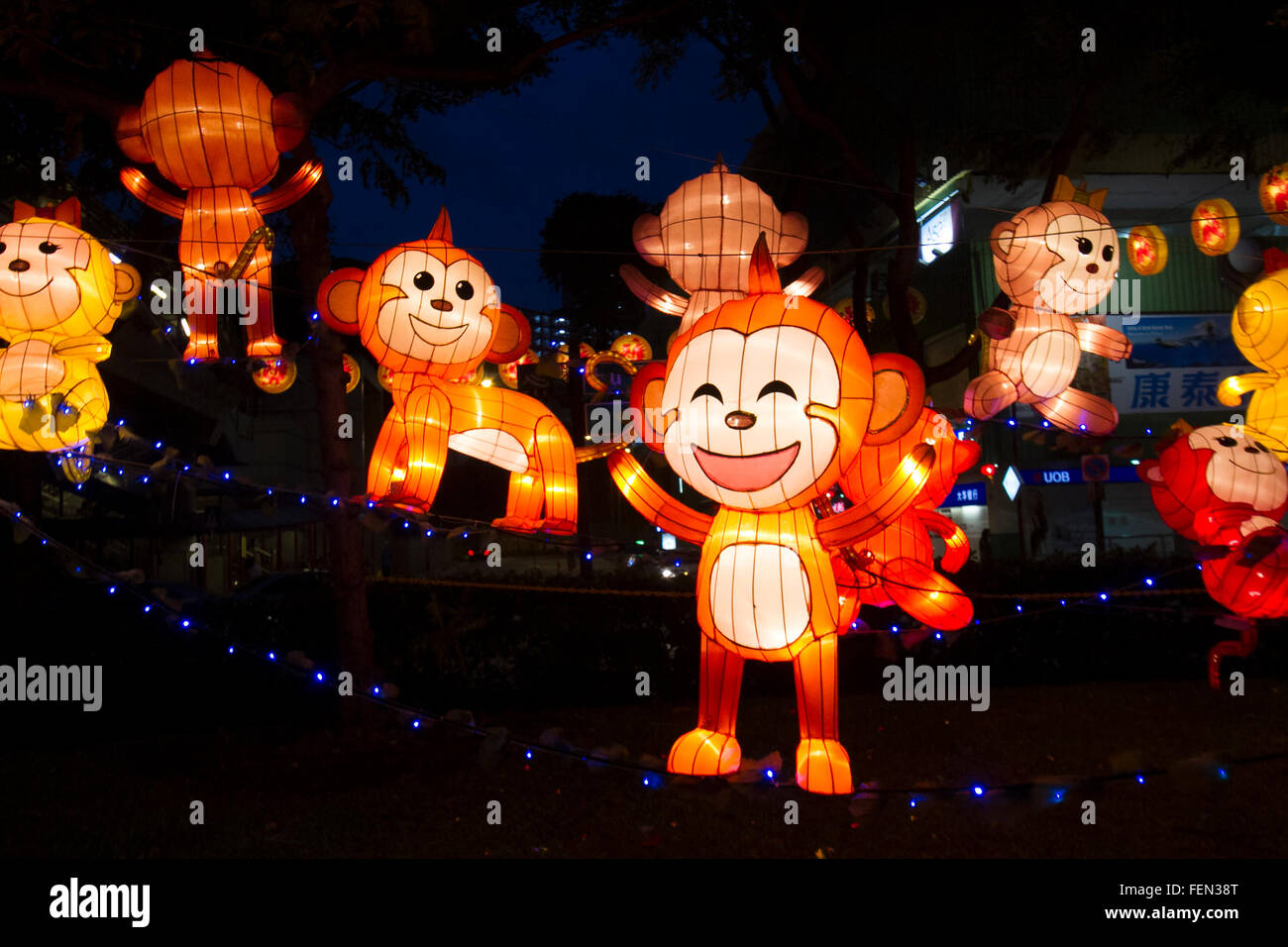 Singapore. 8th February 2016. Chinatown is decorated with lanterns shaped as Monkey as the Chinese community