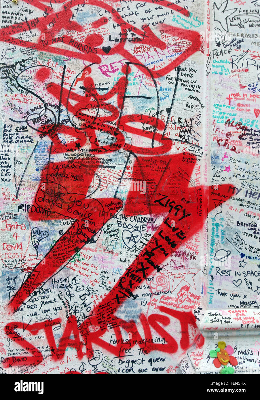 David Bowie graffito in Brixton, London has become a shrine since his death Stock Photo