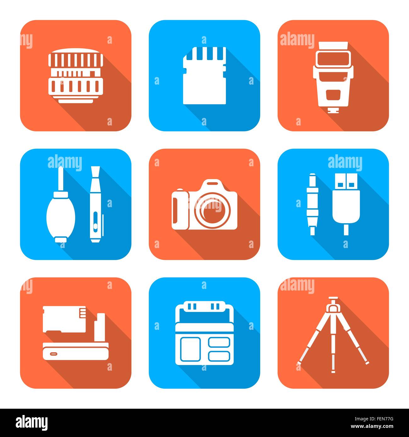 vector white color flat design square various digital photography equipment icons long shadow Stock Vector